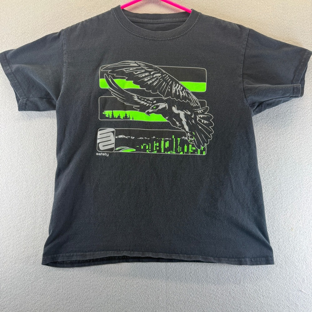 Safety Eagle Graphic T-Shirt Mens Black Lime Green Cityscape Streetwear Tee